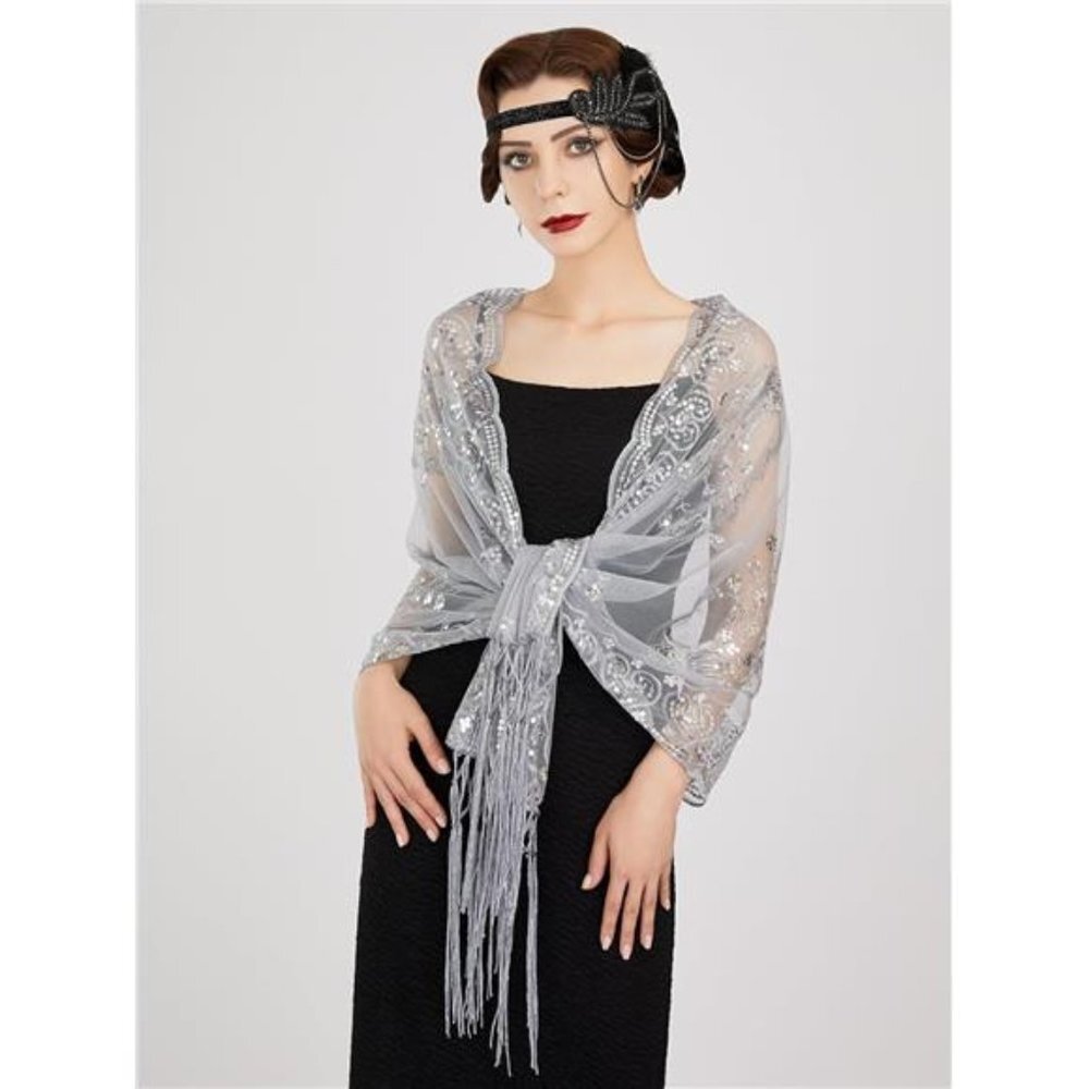Silver 1920s Retro Fringe Sequin Lace Shawl Wrap‎ Long Evening Party Shawl Shrug - Picture 5 of 7